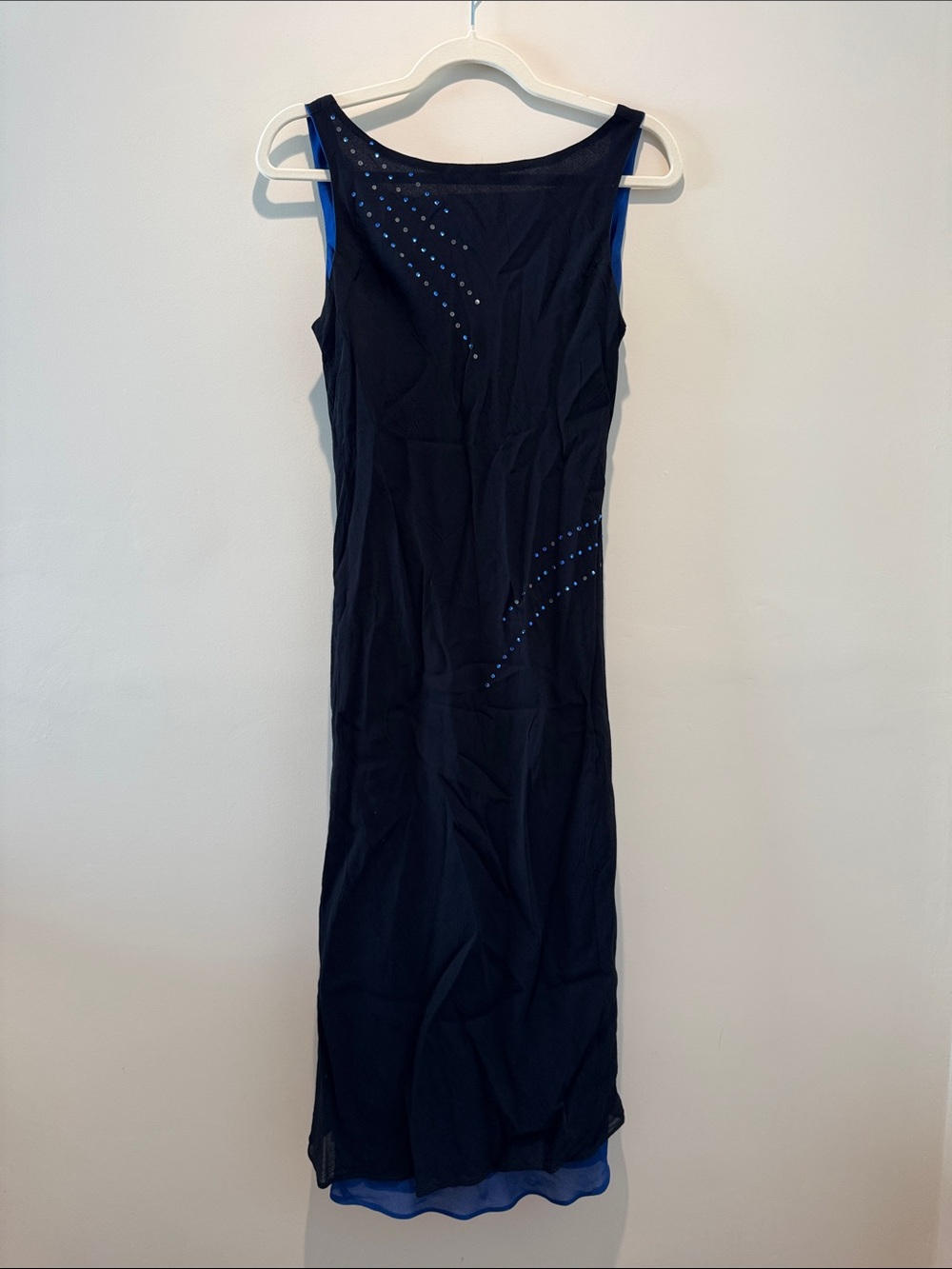 Vintage 90s Sleeveless Beaded Rhinestone Midi Dress blue black